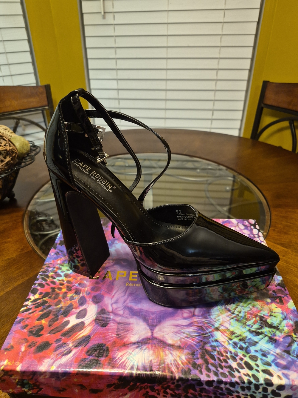 Cape Robbin Black Patent Platform Pumps with Ankle Straps